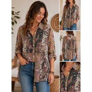 Women's Paisley Patchwork Button-Front Tunic Shirt - Multi Brown